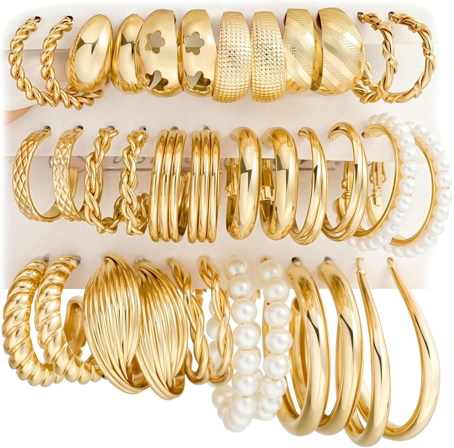 Eighteen Pairs Gold Finish Hoop Earrings