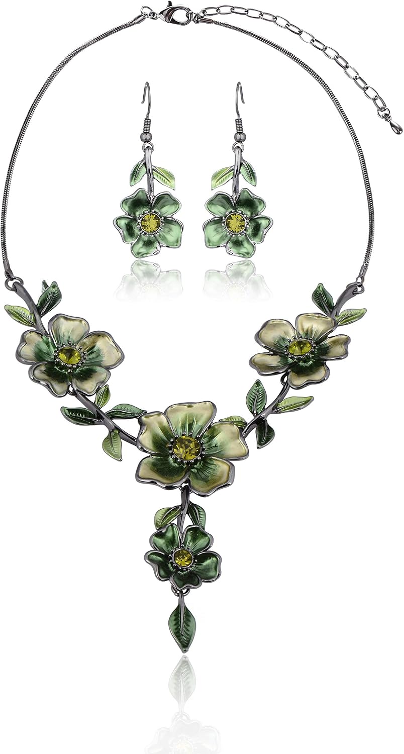 Green Floral Necklace and Earrings