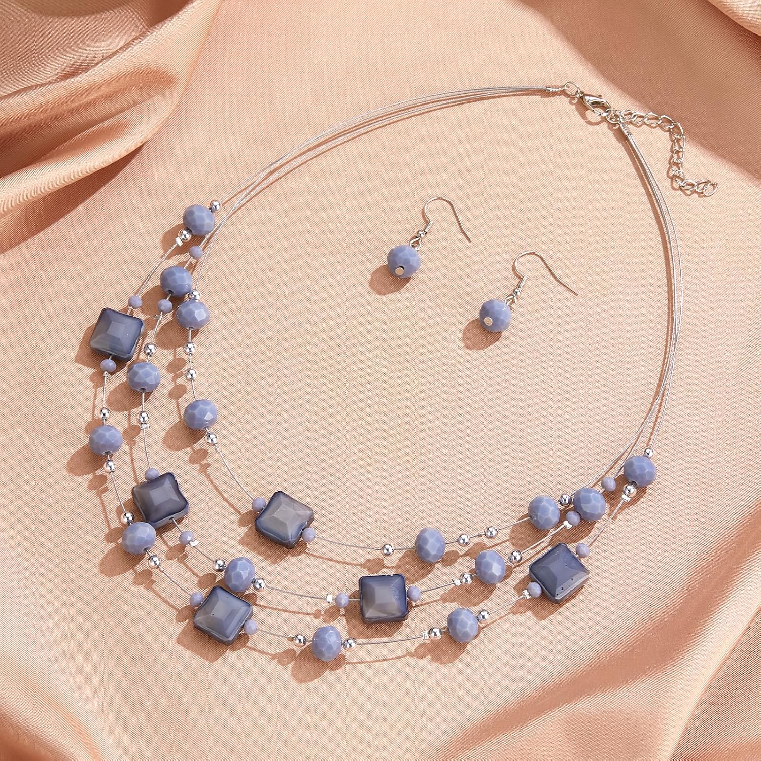Grey Beaded Necklace and Earrings Set