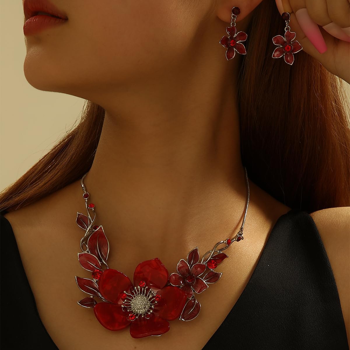 Red Floral Design Jewellery Set