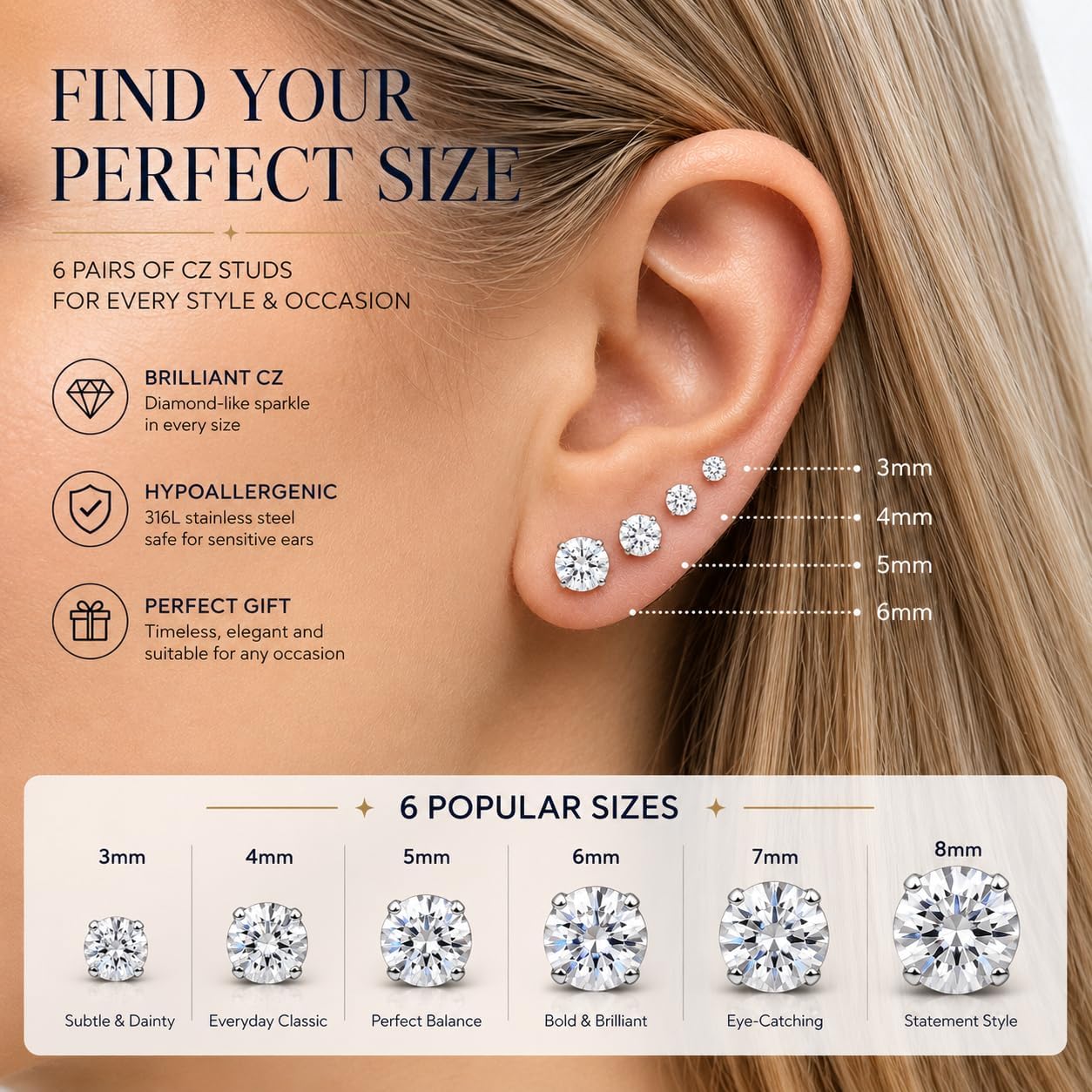 Six Pairs Assorted Cubic Zirconia Studs