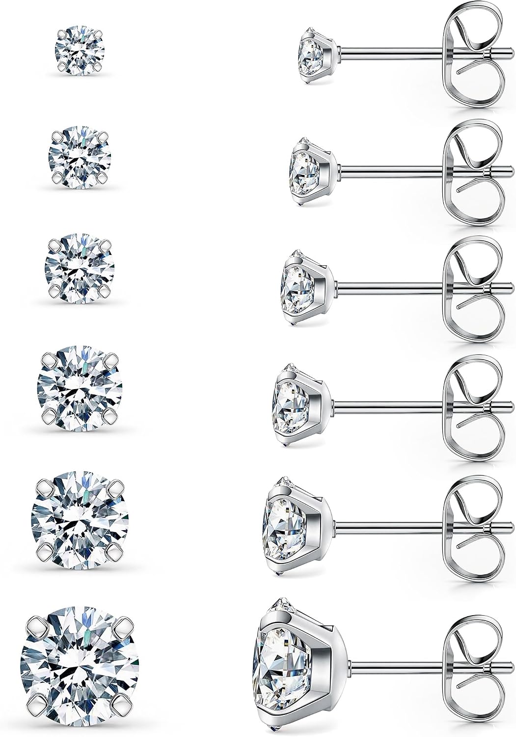 Six Pairs Round Cubic Zirconia Studs